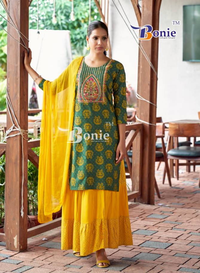 Fiana 13 By Bonie Fancy Rayon Printed Kurti With Bottom Dupatta Wholesale Price In Surat
